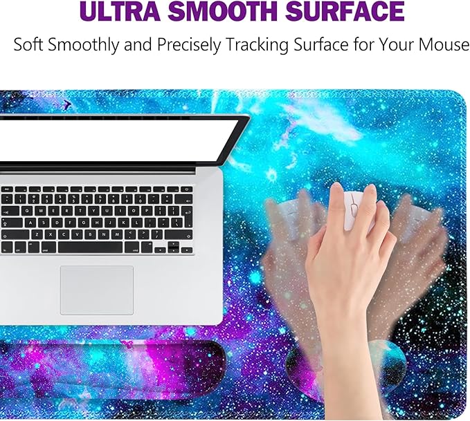 ToLuLu Extended Gaming Mouse Pad, Memory Foam Ergonomic Keyboard Mouse Wrist Rest Support Set, Large Desk Mat with Stitched Edges, Non-Slip Base Mousepad for Home Office Game and Study, Nebula Galaxy