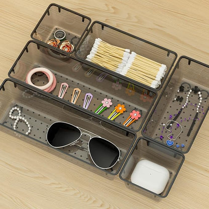 WOWBOX 12 Pack Clear Drawer Organizer Set, Acrylic Drawer Storage Trays, Storage Bins for Makeup, Cosmetics, Jewelries, Utensils, Gadgets, Office, Black