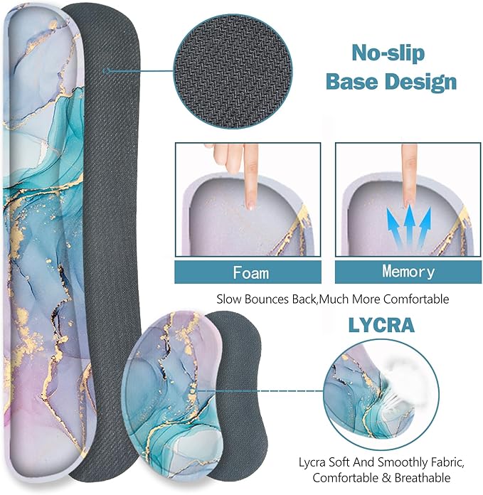 ToLuLu Extended Gaming Mouse Pad, Memory Foam Ergonomic Keyboard Mouse Wrist Rest Support Set, Large Desk Mat with Stitched Edges, Non-Slip Base Mousepad for Home Office Game, Blue Marble