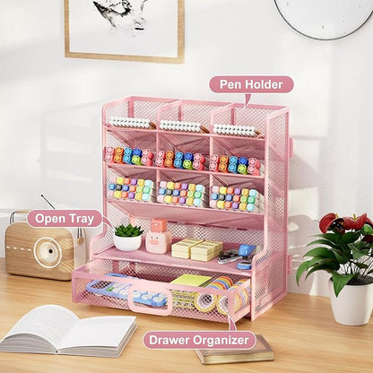 Marbrasse Larger Mesh Desk Organizer with Drawer, Multi-Functional Pen Pencil Holder, Easy Assembly, Desk Organizers and Accessories for Office Art Supplies (Pink)