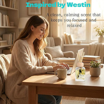 White Tea Essential Oil Reed Diffusers,Luxury Hotel Collection Diffuser Oil Inspired by Westin for Home&Office, Bedroom Living Room Shelf Decor,Bathroom Accessories,Non-Toxic & Gift Ready,3.34 FL OZ
