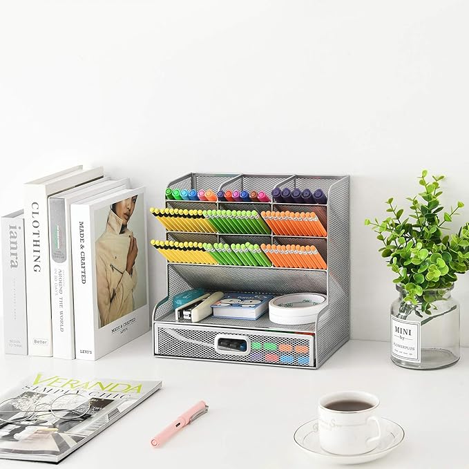 Marbrasse Larger Mesh Desk Organizer with Drawer, Multi-Functional Pen Pencil Holder, Desk Organizers and Accessories for Office Art Supplies (Silver Mesh Pen Holder with Drawer)