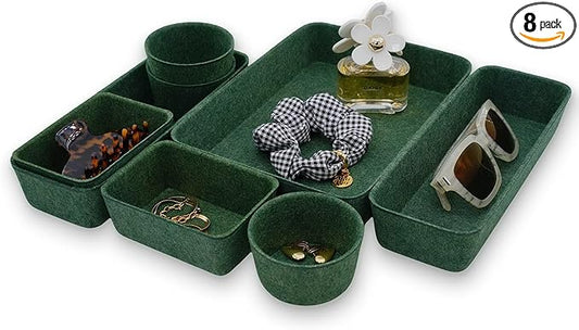 Welaxy 8-piece Nordic Beige desk drawer organizer tray office suppliers makeup pens aesthetic quiet luxury storage bin hygge design sleek minimalist lifestyle (Forest Green)