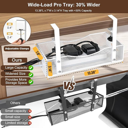 Extra Wide Under Desk Cable Management - No Drill Installation Cable Management Tray, Modern Cord Organizer for Office/Home Desk, Fits Power Strips & Wires((White, XL)