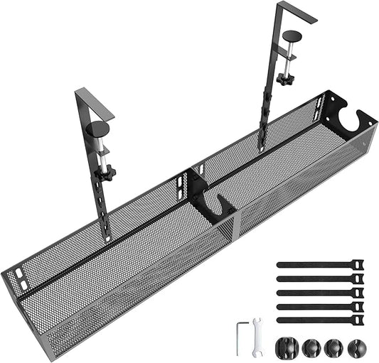 Under Desk Cable Management Tray - Fits up to 1.77" Thick Desks, No-Drill Clamp-on Wire Organizer, Reversible Inward/Outward Install, Heavy Duty Metal Power Strip Holder for Home Office & Gaming Desk