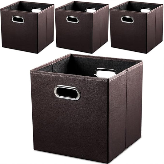 PRANDOM Leather Foldable Cube Storage Bins 11x11 inch [4-Pack] Fabric Storage Baskets Cubes Drawer with Cotton Handles Organizer for Shelves Nursery Closet Bedroom Clothes Brown