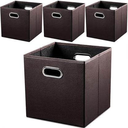 PRANDOM Leather Foldable Cube Storage Bins 13x13 inch [4-Pack] Fabric Storage Baskets Cubes Drawer with Cotton Handles Organizer for Shelves Nursery Closet Bedroom Clothes Brown