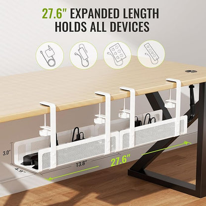 [Upgraded] 2 Pack Cable Management Under Desk Tray, Xpatee 27.6" No Drill Open Slots Cable Management Tray, Cord Wire Organizer Box with Clamp for Table Thickness up to 3" - No Desk Damage(White)