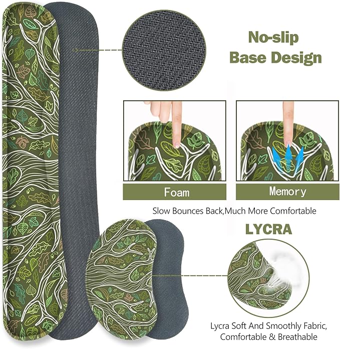 ToLuLu Desk Mat, Gaming Mouse Pad Wrist Support 4 in1 Set, XXL Large Mouse Pad + Keyboard Wrist Rest + Memory Foam Cushion Mouse Wrist Rest for Pain Relieve + Coaster Table Computer PC, Green Leaves