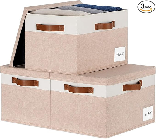 Large Storage Bins with Lids, Foldable Fabric Storage Baskets with Lids, Sturdy Storage Boxes with Labels and 3 PU Handles for Closet Home Bedroom Office (26L, 3 Packs, Pink&White)