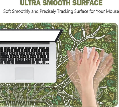 ToLuLu Desk Mat, Gaming Mouse Pad Wrist Support 4 in1 Set, XXL Large Mouse Pad + Keyboard Wrist Rest + Memory Foam Cushion Mouse Wrist Rest for Pain Relieve + Coaster Table Computer PC, Green Leaves