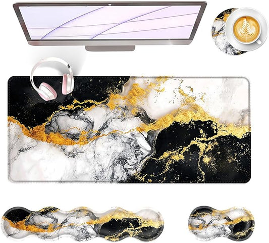 Large Keyboard Mouse Pad Set, Extended Mouse Pad+Keyboard Wrist Rest Support, Memory Foam Ergonomic Easy Typing, 4Pcs (31.5×11.8 in) Desk Pad Set for Office Home,Black and White Gold Marble