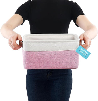 OrganiHaus Small Fabric Storage Baskets for Shelves 3 Pack, 12x08in Closet Storage Bins for Shelves, Canvas Baskets for Organizing, Linen Closet Organizers, Cloth Basket, Pink/Off-White