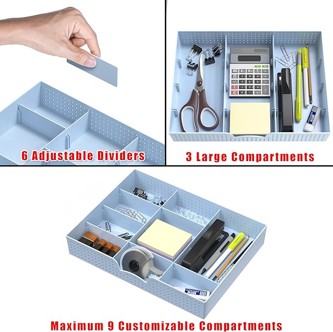 Simple Houseware Drawer Organizer Tray with 9 Adjustable Compartments, Blue