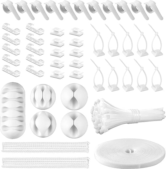 White Cable Management Organizer Kit, 2 Wire Sleeve Protector, 41 Self Adhesive Cable Clips Holder, 10pcs+2 Roll Reusable Cable Ties and 100 Cable Zip Ties for TV Computer Cord Tidy Under Desk