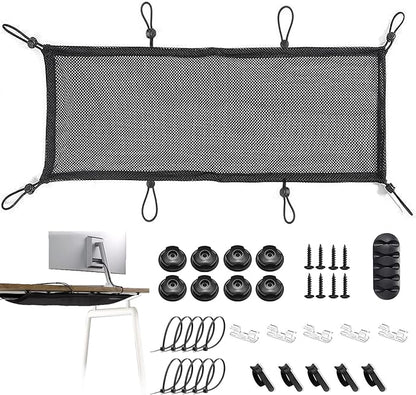 Under Desk Cable Management Net, 36PCS Under Table Cord Management Mesh Organizer Flexible Wire Hiders, Extra Large Capacity Wire Management Kit Under Desk, Fits Most Tables