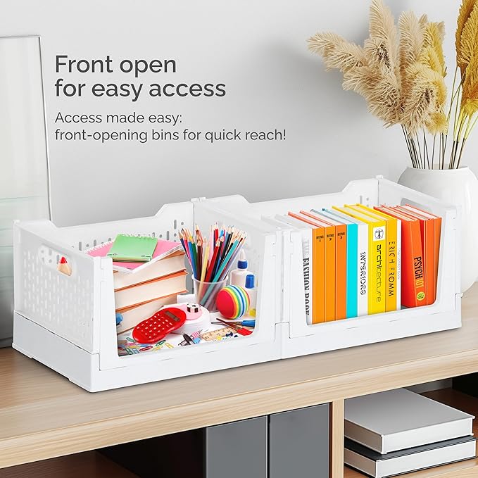 TidyFriend Stackable Storage Bins with Wheels, 3 Pack Foldable Storage Bins Box, Plastic Shelves Drawer Organizer Container for Closet Office Bedroom Kitchen Bathroom (Ivory)