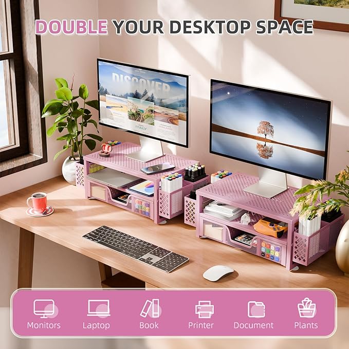Simple Trending 2 Tier Metal Monitor Stand Monitor riser and Computer Desk Organizer with Drawer and Pen Holder for Laptop, Computer, iMac, Pink