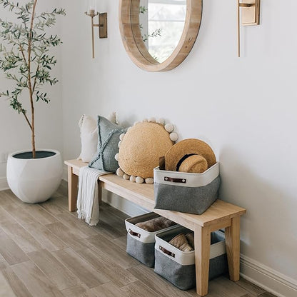 OrganiHaus Extra Large Fabric Storage Baskets for Shelves 3 Pack, 16x13in Closet Storage Bins for Shelves, Canvas Baskets for Organizing, Linen Closet Organizers, Cloth Basket, Gray/Off-White