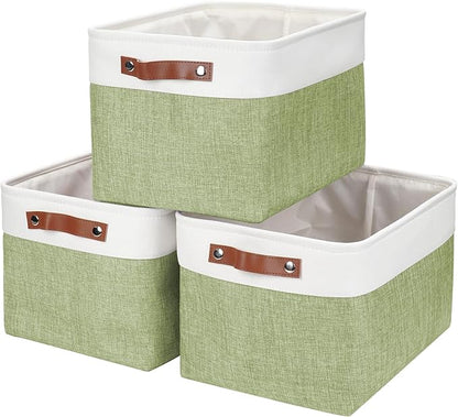Storage Bins Large Fabric Storage Baskets for Shelves 3 Pack, Decorative Linen Closet Baskets with Handles for Organizing, Shelf, Clothes, Home, Office, 15x11x9.5Inches (Green&White)