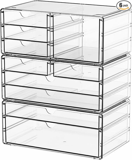 Yieach 3 Pack Clear Storage Drawers With 10 Drawers,Stackable 11.1” Large Acrylic Drawer Organizer and Makeup Organizer For Vanity,Bathroom Countertop,Cabinet,Pantry,Office Supply Storage Bins Drawers