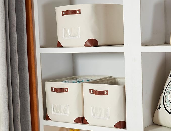 DECOMOMO White Storage Bins Fabric Storage Baskets for Shelves & Linen Closet Organization (Creamy White W/ Label holder, Large - 3 Pack)