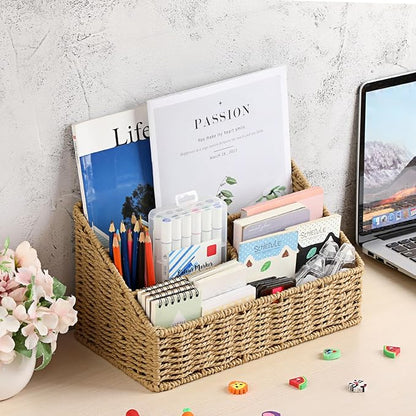 BTSKY Woven Storage Basket Rattan Vertical Wicker Storage Baskets with 4 Compartments Desk Organizers and Storage Magazine File Holder Home Office Supplies Sorter Rack, Wicker Mail Organizer