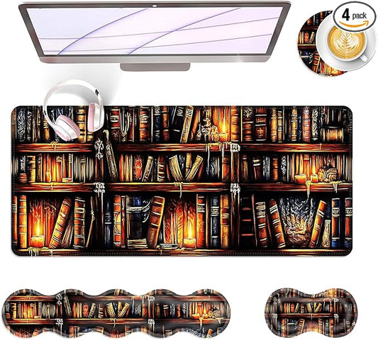 Large Keyboard Mouse Pad Set, Extended Mouse Pad+Keyboard Wrist Rest Support, Memory Foam Ergonomic Easy Typing, 4Pcs (31.5×11.8 in) Desk Pad Set for Office Home,Vintage Bookshelf