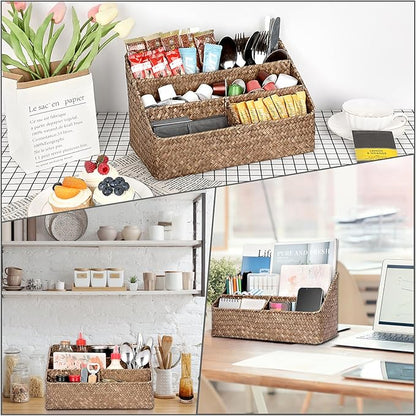 BTSKY Woven Storage Basket Natural Seagrass Vertical Wicker Storage Baskets with 4 Compartments Desk Organizers and Storage Magazine File Holder Home Office Supplies Sorter Rack, Coffee
