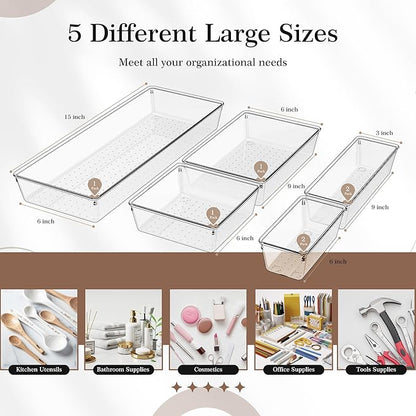 Criusia Clear Drawer Organizer 7 PCS - 5 Size Plastic Versatile Kitchen and Bathroom Organizer Trays, Non-Slip Storage Bins for Makeup, Utensils, Tool and Office Desk