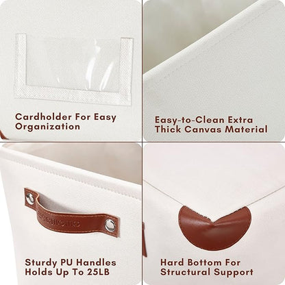 DECOMOMO White Storage Bins Fabric Storage Baskets for Shelves & Linen Closet Organization (Creamy White W/ Label holder, Large - 3 Pack)