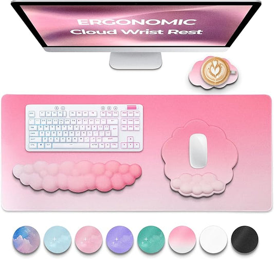 Premium Quality Cloud Wrist Rest Keyboard & Mouse Pad Set – Ergonomic Memory Foam Desk Accessories with Wrist Support for Office & Gaming – Pink Gradient