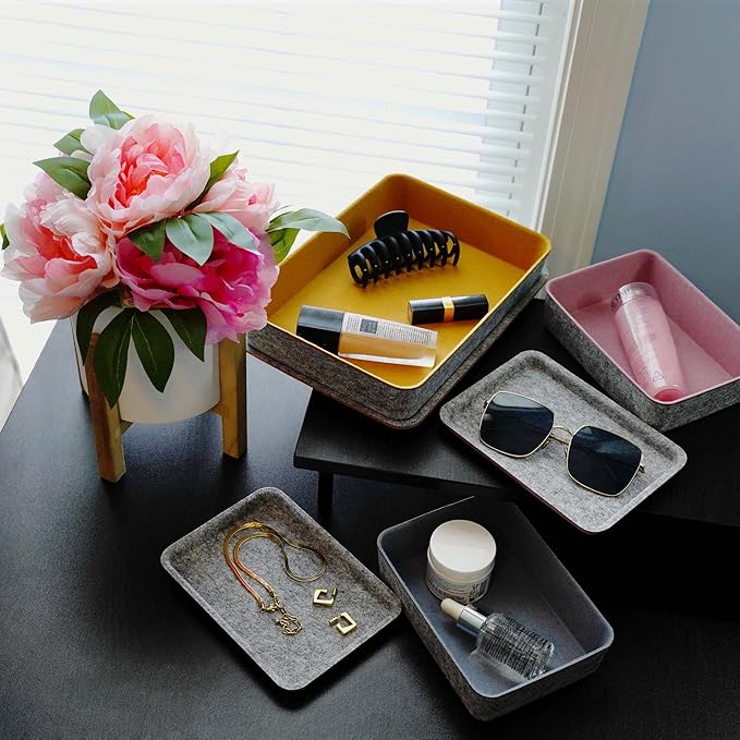 Welaxy Lidded Felt Drawer Organizer Bin with lids Desktop Stackable Organizer Storage box for crafts office supplies pen notes Junk Makeup Stationery Organize 3-Pack ( Curry+Dusty rose +Glacier gray)