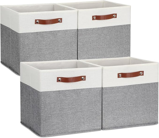 DULLEMELO Storage Cubes 13 inch, Collapsible Sturdy Cube Storage Bins With Handles for Organizing,Fabric Storage Baskets for Shelves Nursery Closet Home Organization (White&Grey-4 Pack)