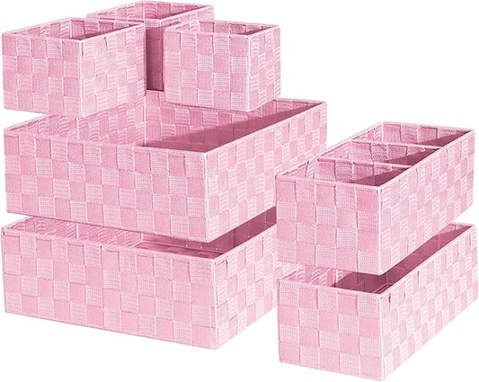 Drawer Organizer, Cube Baskets for Storage Shelves, Handmade Small Woven Basket, Shallow Storage Bins for Organizing Desk, Dresser, Kitchen, Pantry, Nested 7 Pack, Pink