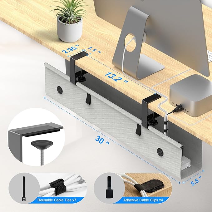 Under Desk Cable Management Tray, 30-inch No-Drill Cord Organizer with Anti-Sag Reinforced Base, Fabric Wire Management Hider for Standing Desk, Office & Gaming Accessories - Grey