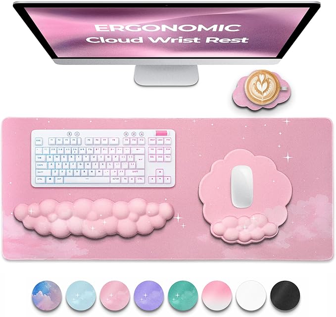 Premium Quality Cloud Wrist Rest Keyboard & Mouse Pad Set – Ergonomic Memory Foam Desk Accessories with Wrist Support for Office & Gaming – Pink