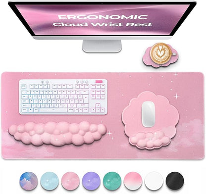 Premium Quality Cloud Wrist Rest Keyboard & Mouse Pad Set – Ergonomic Memory Foam Desk Accessories with Wrist Support for Office & Gaming – Pink