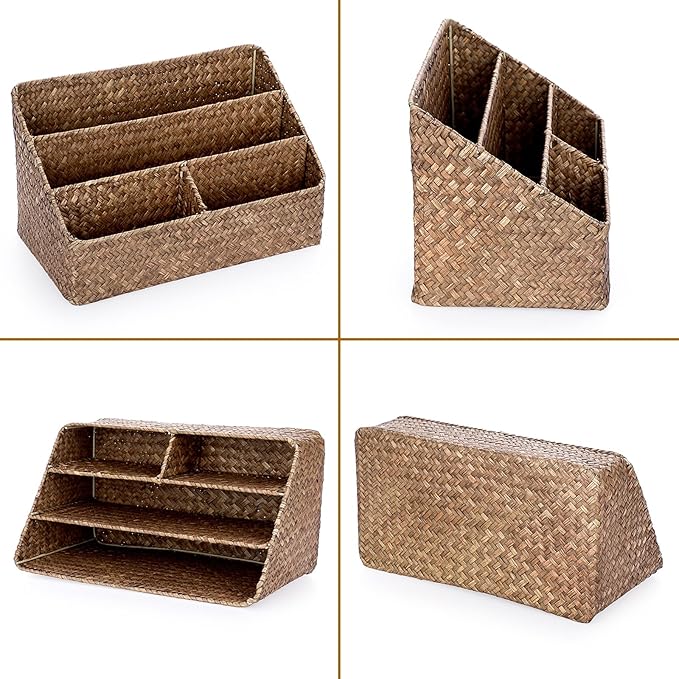 BTSKY Woven Storage Basket Natural Seagrass Vertical Wicker Storage Baskets with 4 Compartments Desk Organizers and Storage Magazine File Holder Home Office Supplies Sorter Rack, Coffee
