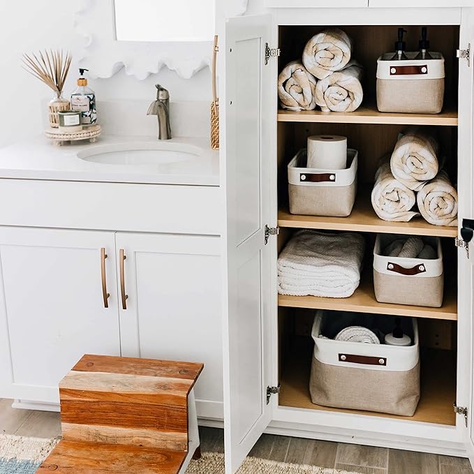 OrganiHaus Small Fabric Storage Baskets for Shelves 3 Pack, 12x08in Closet Storage Bins for Shelves, Canvas Baskets for Organizing, Linen Closet Organizers, Cloth Basket, Beige/Off-White