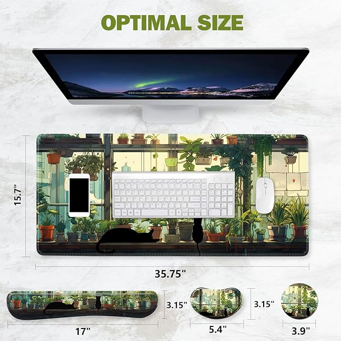 ToLuLu Extended Gaming Mouse Pad, Memory Foam Ergonomic Keyboard Mouse Wrist Rest Support Set, Large Desk Mat with Stitched Edges, Non-Slip Base Mousepad Home Office, Cute Green Japanese Kawaii Cat