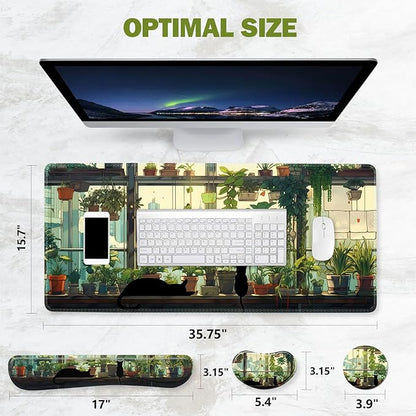 ToLuLu Extended Gaming Mouse Pad, Memory Foam Ergonomic Keyboard Mouse Wrist Rest Support Set, Large Desk Mat with Stitched Edges, Non-Slip Base Mousepad Home Office, Cute Green Japanese Kawaii Cat