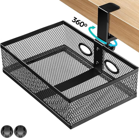 Under Desk Drawer Organizer Clamp On - 360° Swivel Metal Mesh Storage Basket, Hidden Rotating Desktop Tray for Standing Desk, Office Supplies & Gaming (No Drill, Black)