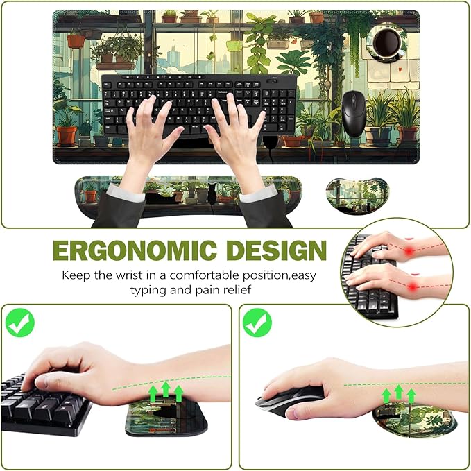 ToLuLu Extended Gaming Mouse Pad, Memory Foam Ergonomic Keyboard Mouse Wrist Rest Support Set, Large Desk Mat with Stitched Edges, Non-Slip Base Mousepad Home Office, Cute Green Japanese Kawaii Cat