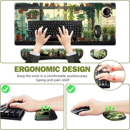 ToLuLu Extended Gaming Mouse Pad, Memory Foam Ergonomic Keyboard Mouse Wrist Rest Support Set, Large Desk Mat with Stitched Edges, Non-Slip Base Mousepad Home Office, Cute Green Japanese Kawaii Cat