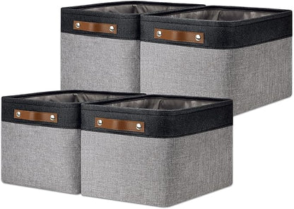 DULLEMELO Canvas Storage Bin with Handles, Fabric Bins for Shelves, Bedroom, Office,Nursery,Fabric Storage Baskets for Toys, Clothes,Gift(Black&Grey,15"x11"x9.5",4-Pack)