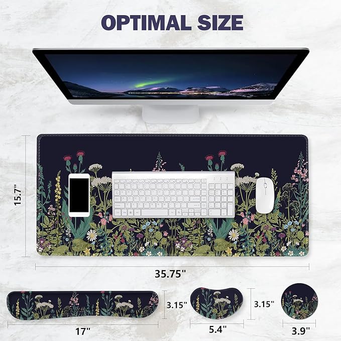 ToLuLu Extended Gaming Mouse Pad, Memory Foam Ergonomic Keyboard Mouse Wrist Rest Support Set, Large Desk Mat with Stitched Edges, Non-Slip Base Mousepad for Home Office Game, Weeds Plants