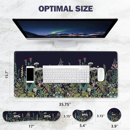 ToLuLu Extended Gaming Mouse Pad, Memory Foam Ergonomic Keyboard Mouse Wrist Rest Support Set, Large Desk Mat with Stitched Edges, Non-Slip Base Mousepad for Home Office Game, Weeds Plants