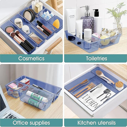 WOWBOX 25 PCS Plastic Drawer Organizer Set, 4 Sizes Desk Drawer Divider Organizers and Storage Bins for Makeup, Jewelry, Gadgets for Kitchen, Bedroom, Bathroom, Office, Clear Dark Blue