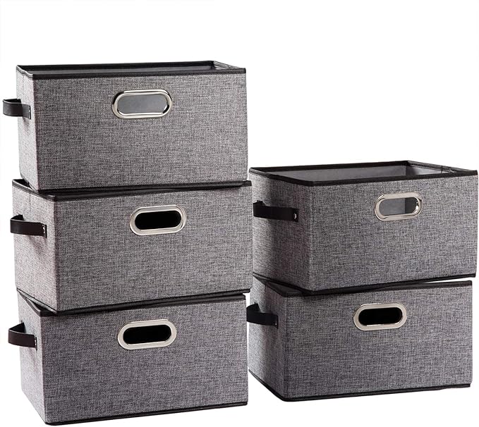 PRANDOM Larger Collapsible Storage Bins for Closet [5-pack] Decorative Linen Fabric Storage Baskets Cubes with Leather/Metal Handles for Living Room Grey (17.3x12.2x10.4 Inch)